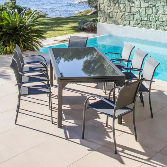 Eminza Table De Jardin Extensible En Verre 10 Places (135/270 X 90 Cm) Murano Gris Anthracite