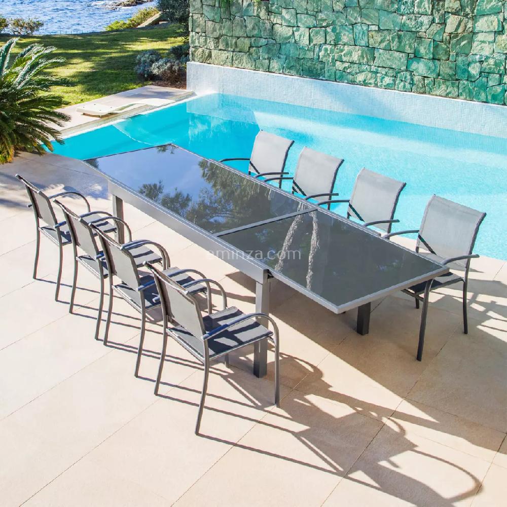 eminza Table de jardin extensible en verre 10 places (135/270 x 90 cm) Murano Gris anthracite