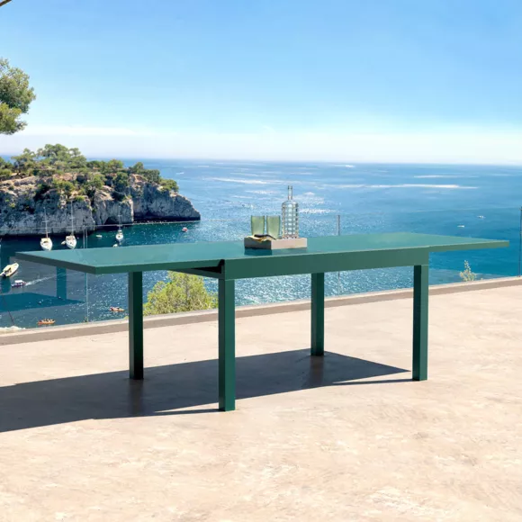Eminza Table De Jardin Extensible En Verre 10 Places (135/270 X 90 Cm) Murano Bleu Pétrole
