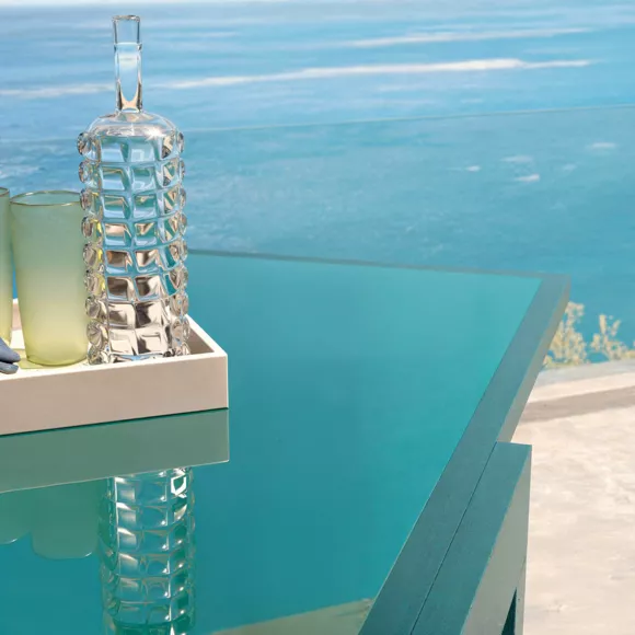 Eminza Table De Jardin Extensible En Verre 10 Places (135/270 X 90 Cm) Murano Bleu Pétrole