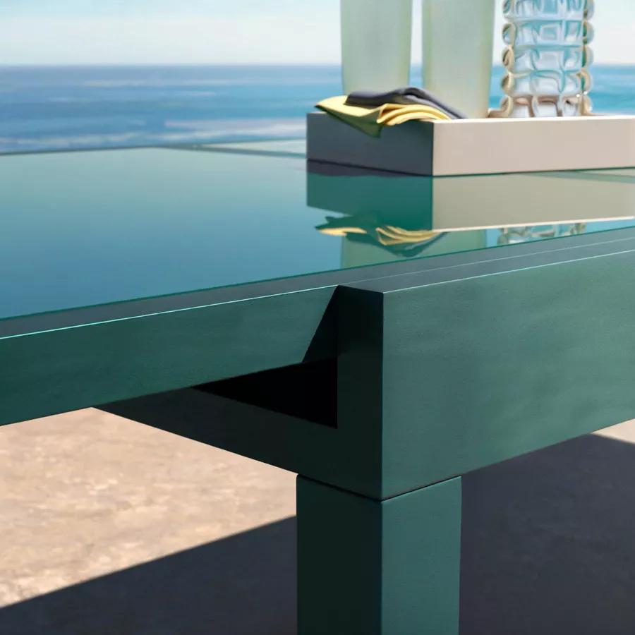 Eminza Table De Jardin Extensible En Verre 10 Places (135/270 X 90 Cm) Murano Bleu Pétrole