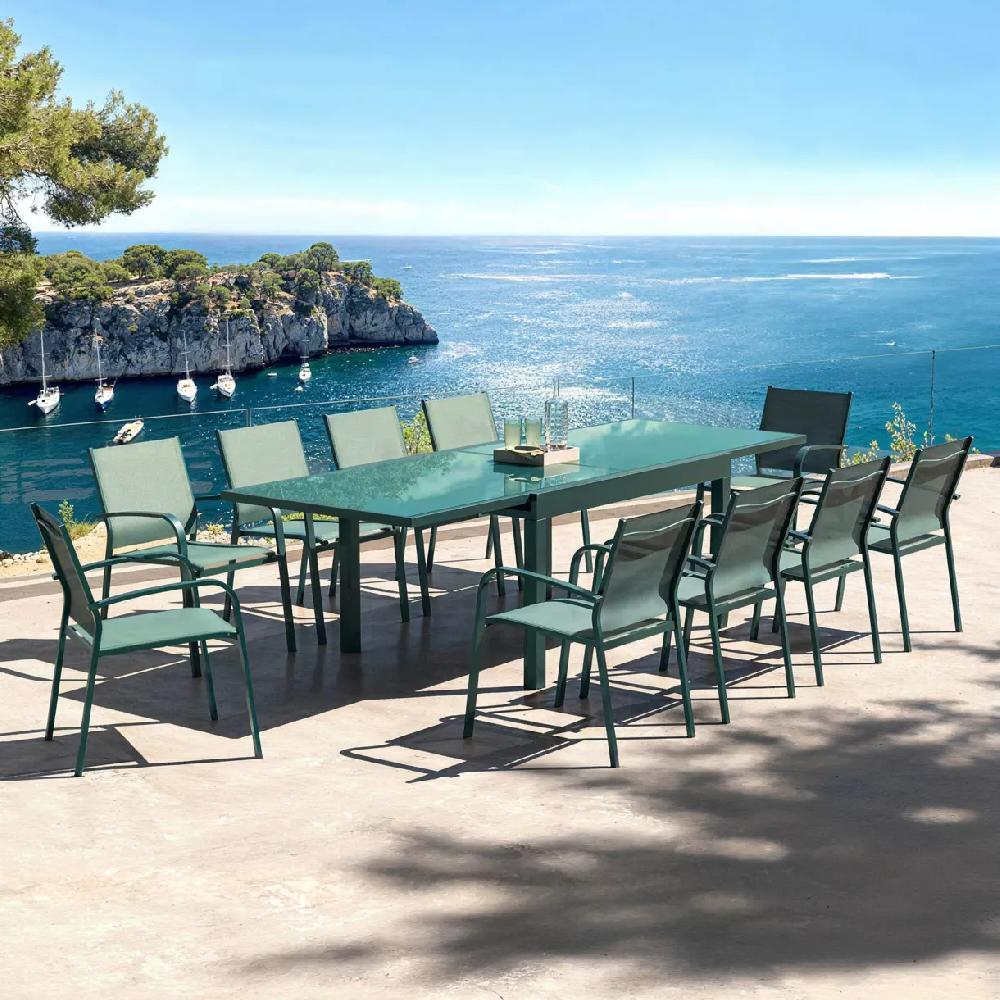 eminza Table de jardin extensible en verre 10 places (135/270 x 90 cm) Murano Bleu pétrole