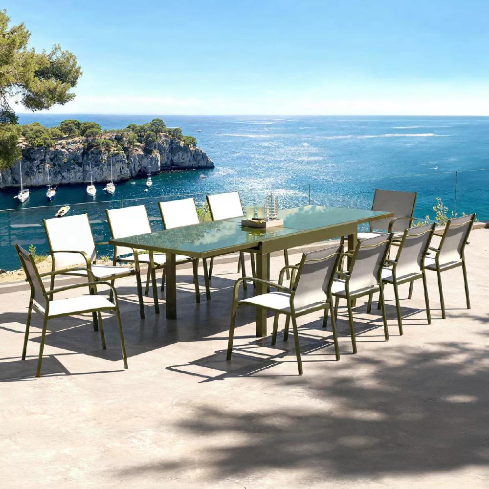 eminza Table de jardin extensible en verre 10 places (135/270 x 90 cm) Murano Vert olive