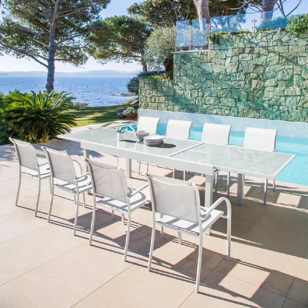 eminza Table de jardin extensible en verre 10 places (135/270 x 90 cm) Murano Blanc