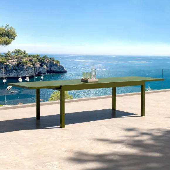 Eminza Table De Jardin Extensible En Verre 12 Places (200/320 X 100 Cm) Murano Vert Olive