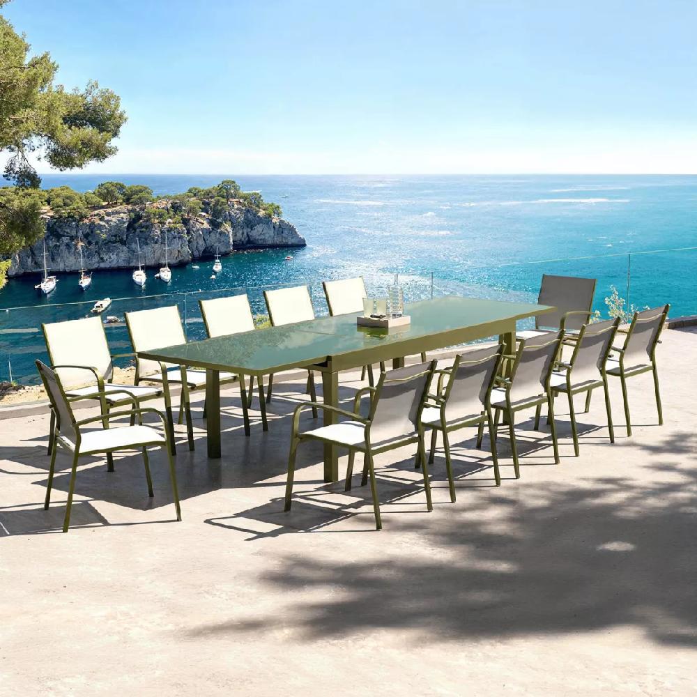 eminza Table de jardin extensible en verre 12 places (200/320 x 100 cm) Murano Vert olive