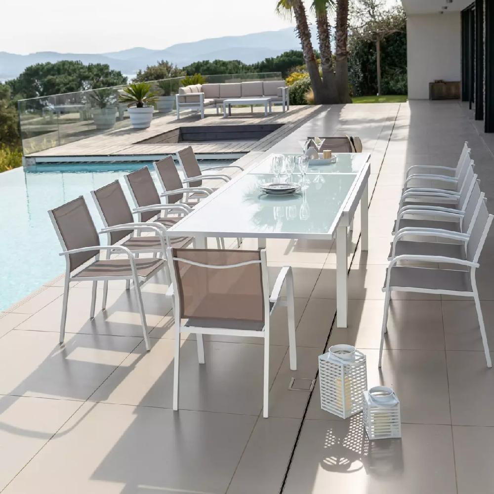 eminza Table de jardin extensible en verre 12 places (200/320 x 100 cm) Murano Blanc