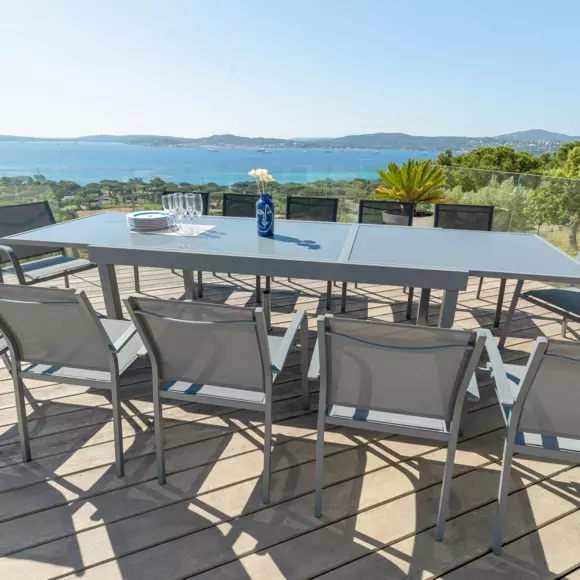 Eminza Table De Jardin Extensible En Verre 12 Places (200/320 X 100 Cm) Murano Gris Anthracite