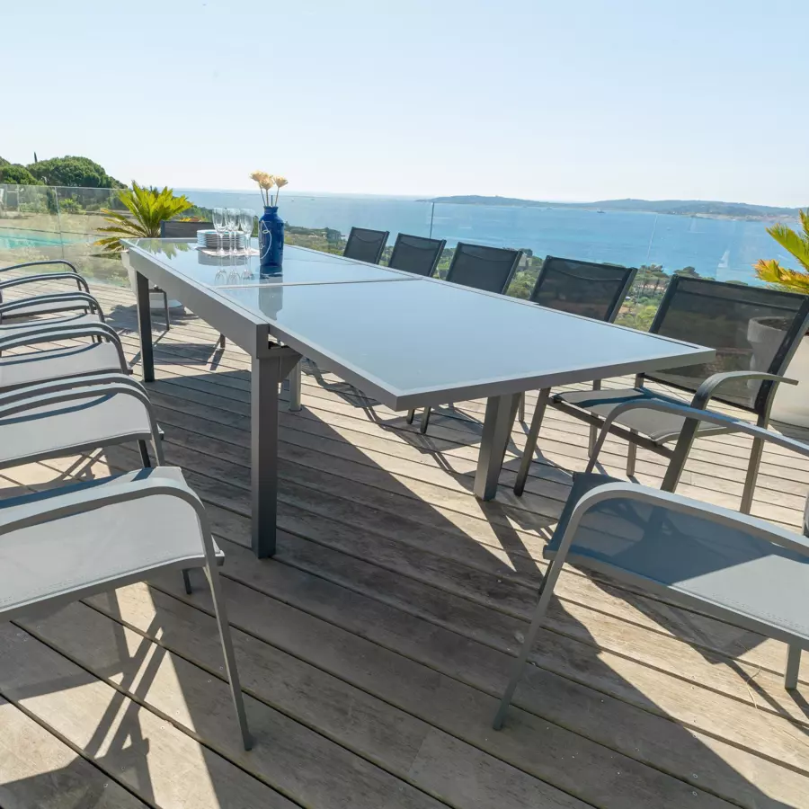 Eminza Table De Jardin Extensible En Verre 12 Places (200/320 X 100 Cm) Murano Gris Anthracite