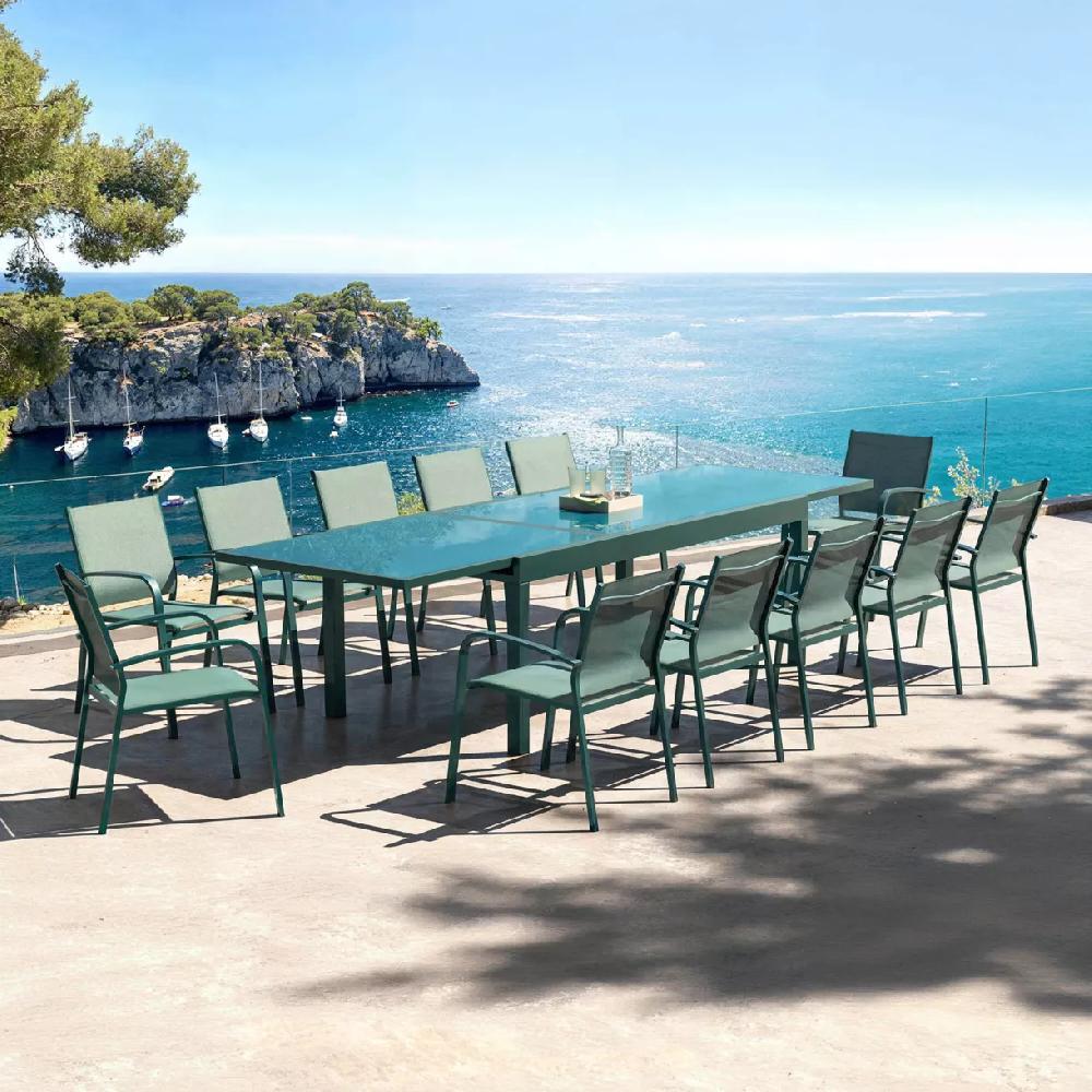 eminza Table de jardin extensible en verre 12 places (200/320 x 100 cm) Murano Bleu pétrole