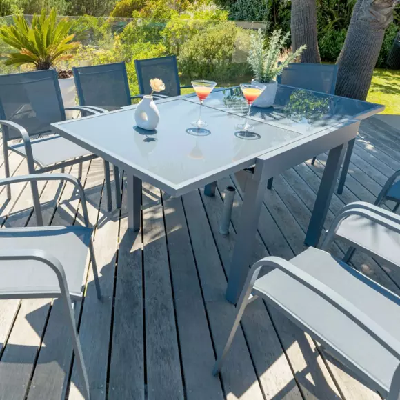 Eminza Table De Jardin Extensible En Verre 8 Places (90/180 X 90 Cm) Murano Gris Ardoise