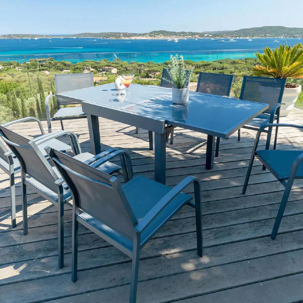 eminza Table de jardin extensible en verre 8 places (90/180 x 90 cm) Murano Gris ardoise
