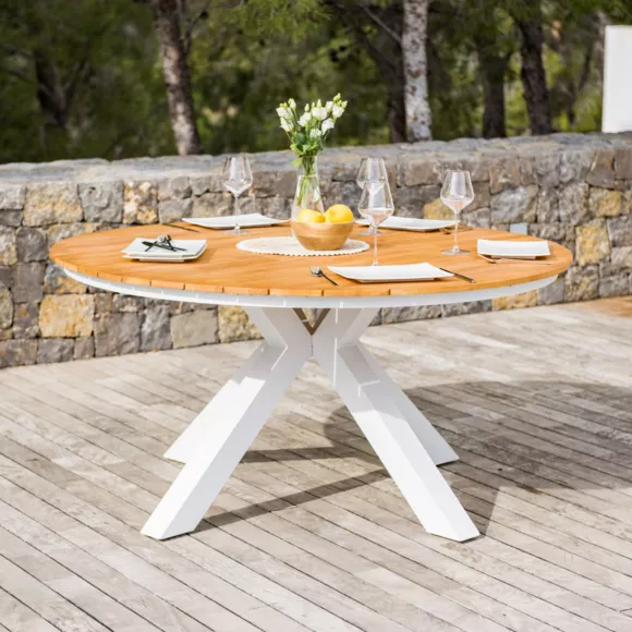 Eminza Table De Jardin Ronde En Aluminium Et Bois Teck 8 Places (D140 Cm) Bali Blanc