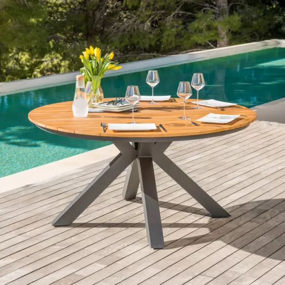 Eminza Table De Jardin Ronde En Aluminium Et Bois Teck 8 Places (D140 Cm) Bali Gris Anthracite