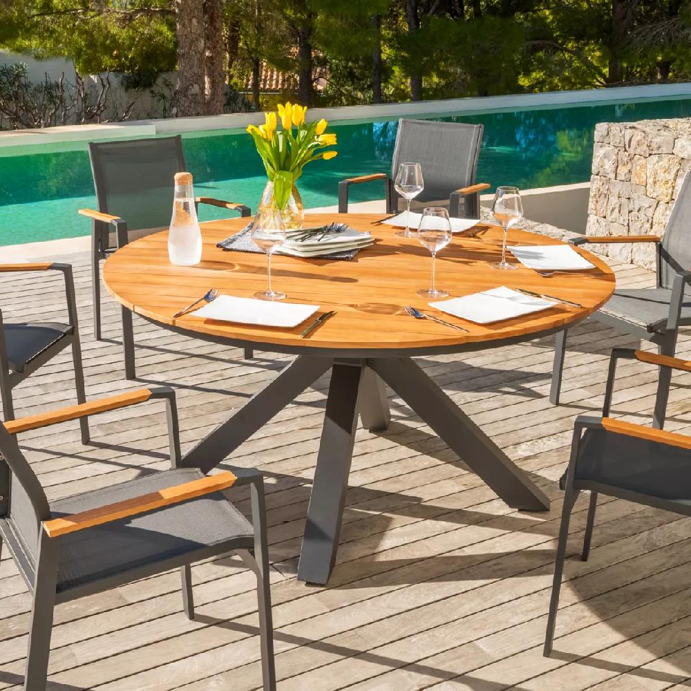 eminza Table de jardin ronde en aluminium et bois teck 8 places (D140 cm) Bali Gris anthracite