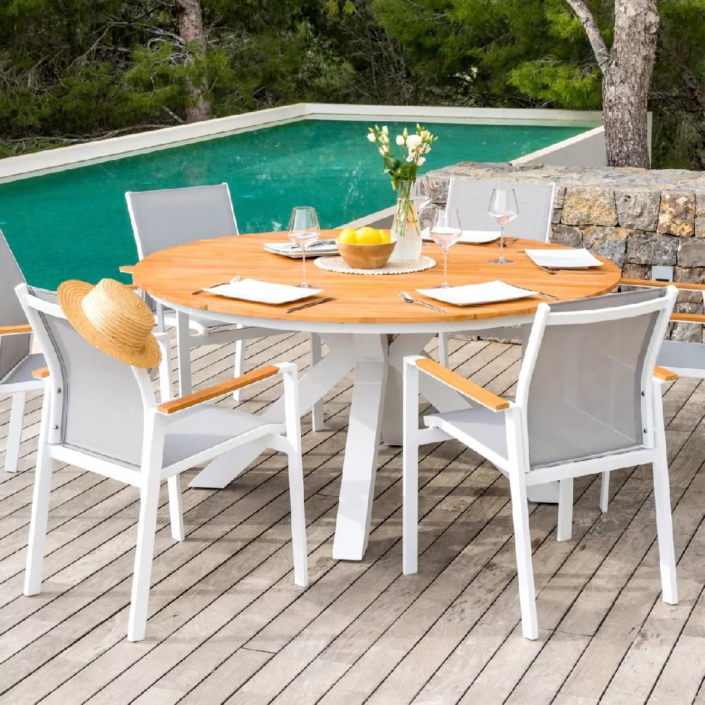 eminza Table de jardin ronde en aluminium et bois teck 8 places (D140 cm) Bali Blanc