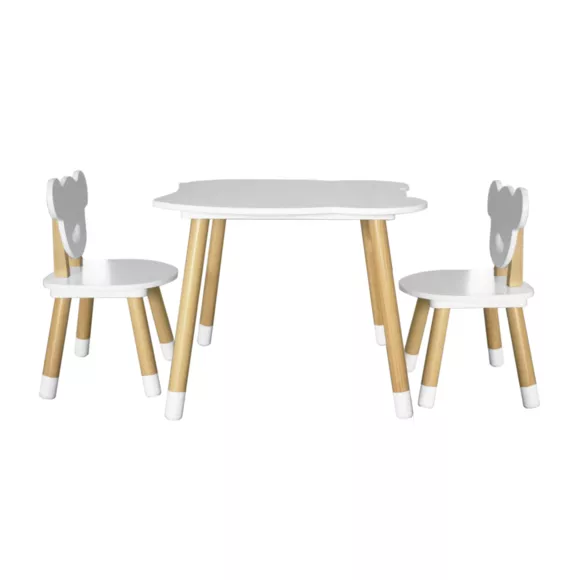 Eminza Table Et 2 Chaises Enfant Bois (H44 Cm) Oursons Blanc