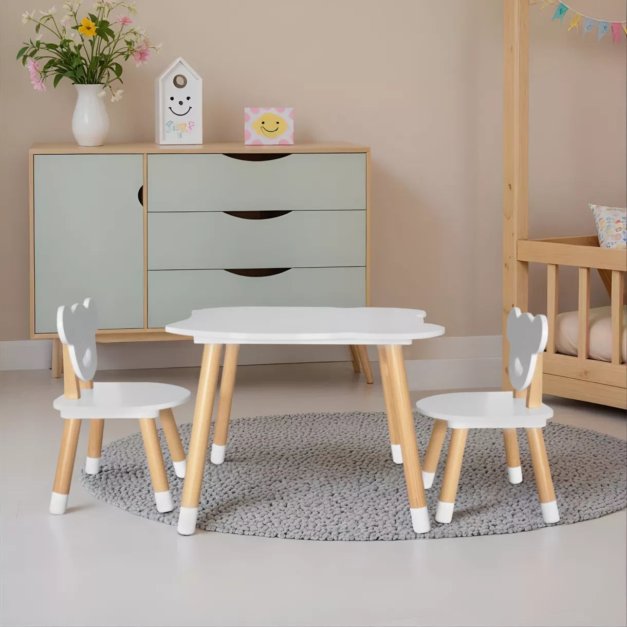eminza Table et 2 chaises enfant bois (H44 cm) Oursons Blanc