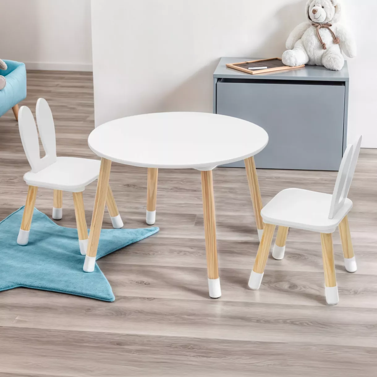 eminza Table et 2 chaises enfant bois lapin (H44 cm) Lila Blanc