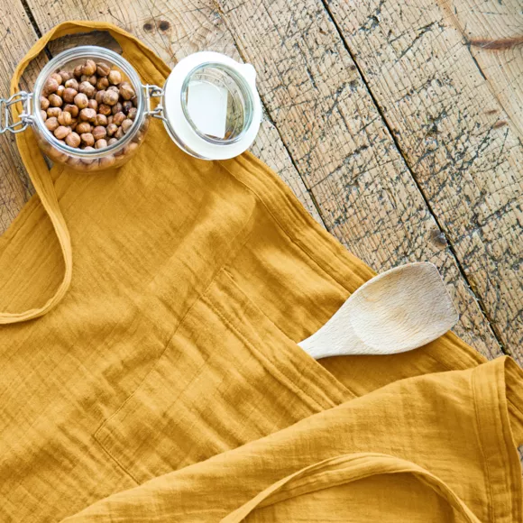 Eminza Tablier Avec Poches Gaze De Coton Gaïa Jaune Safran