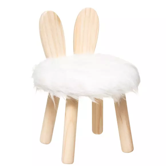 Eminza Tabouret Enfant Bois Et Fausse Fourrure (H38 Cm) Lapin Blanc