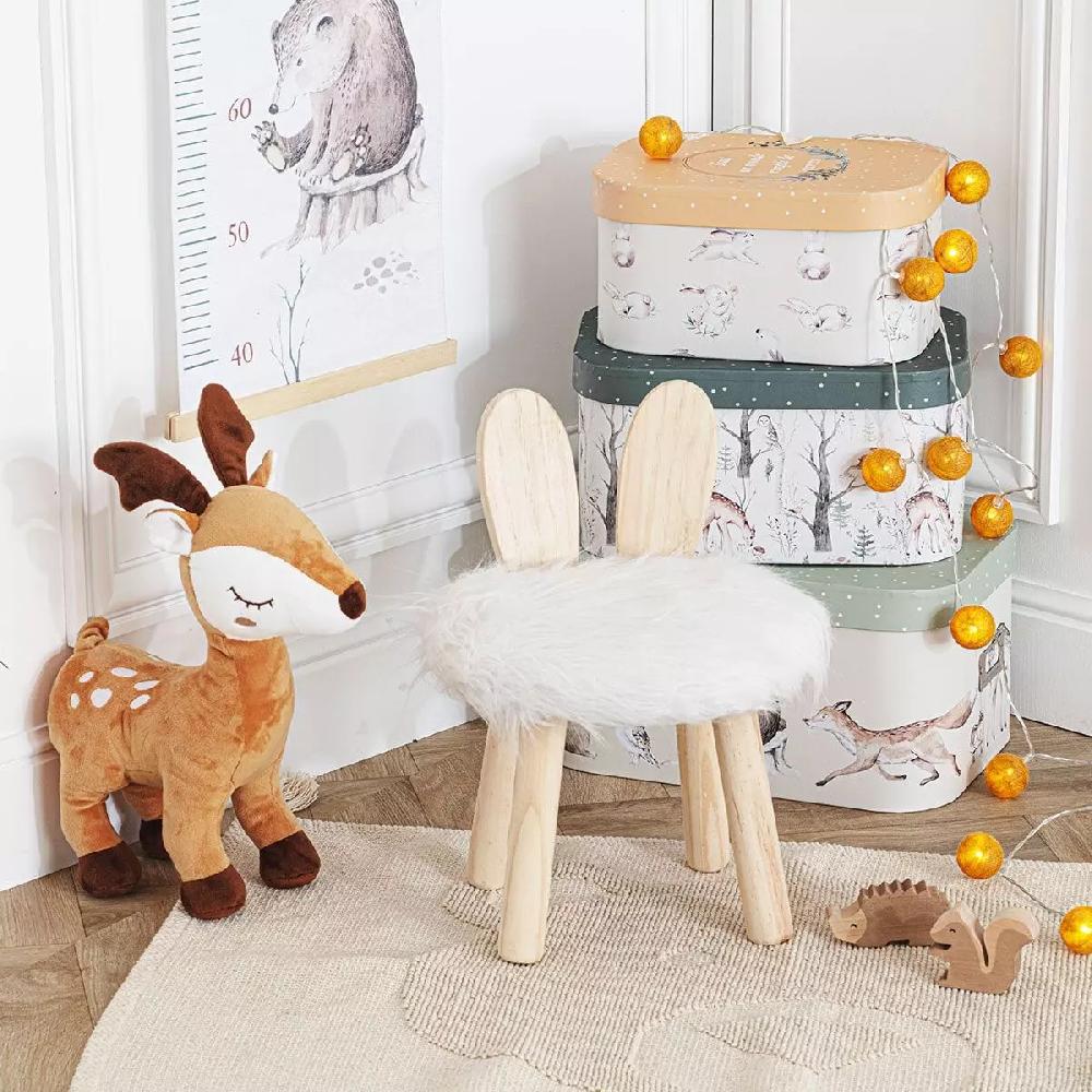 eminza Tabouret enfant bois et fausse fourrure (H38 cm) Lapin Blanc
