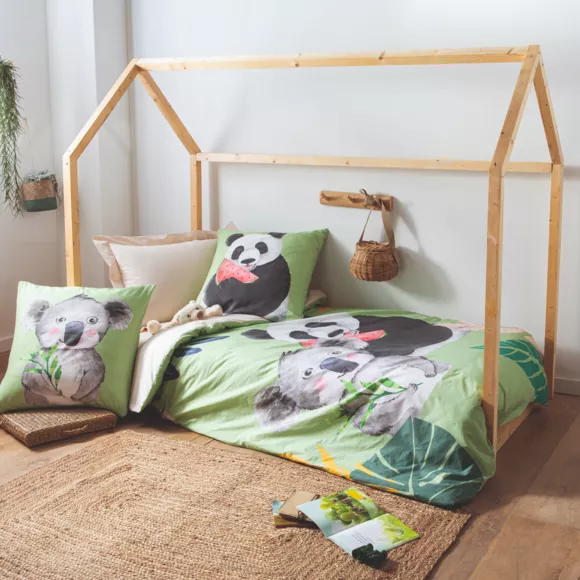 Eminza Taie D'oreiller Carrée Enfant Percale De Coton ( 65 X 65 Cm) Panda Verte