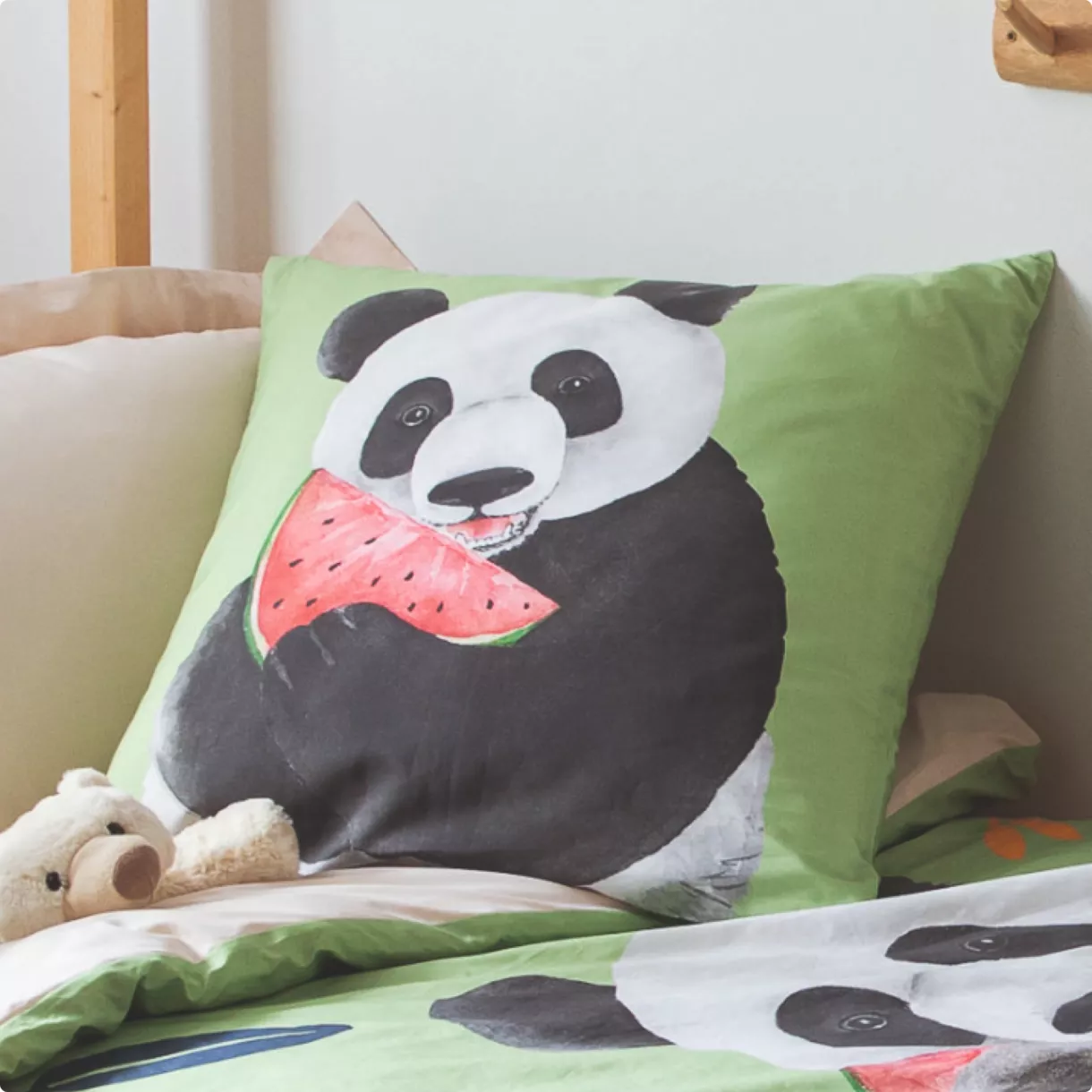eminza Taie d'oreiller carrée enfant percale de coton ( 65 x 65 cm) Panda Verte