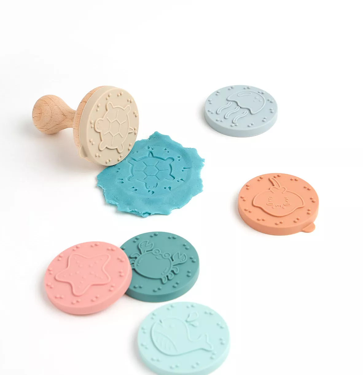 eminza Tampon pour pâte à modeler bois et 6 disques silicone (H7 5 cm) Beige