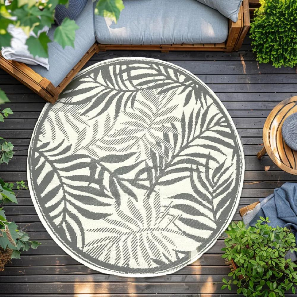eminza Tapis d'extérieur rond (D150 cm) Feuillage Gris