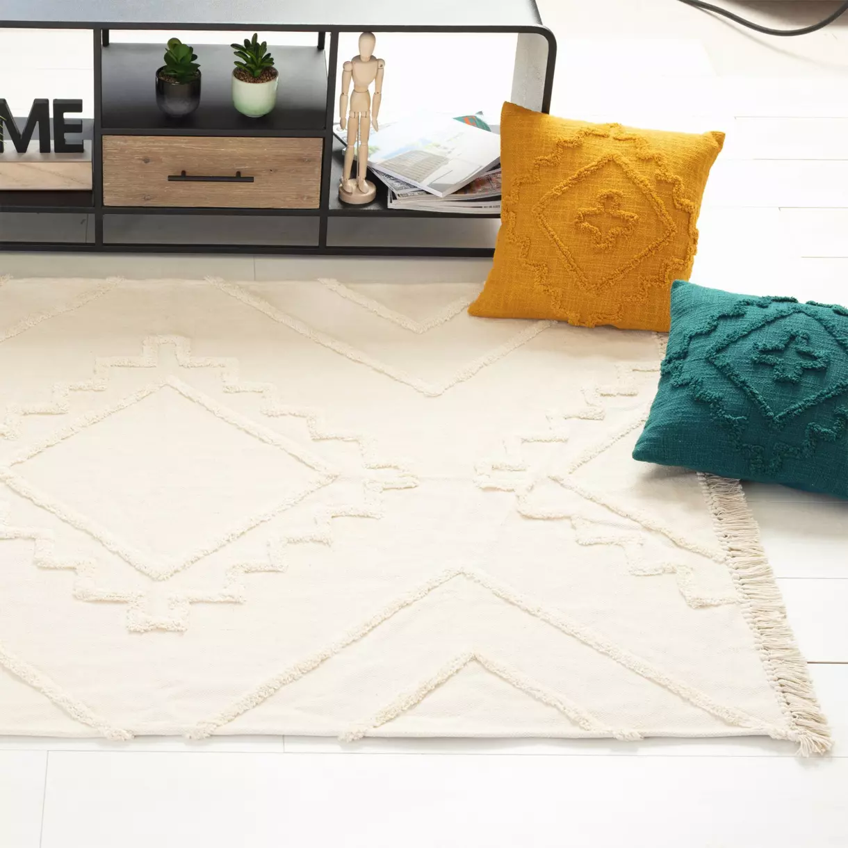 eminza Tapis de salon coton (120 x 170 cm) Inca Ivoire