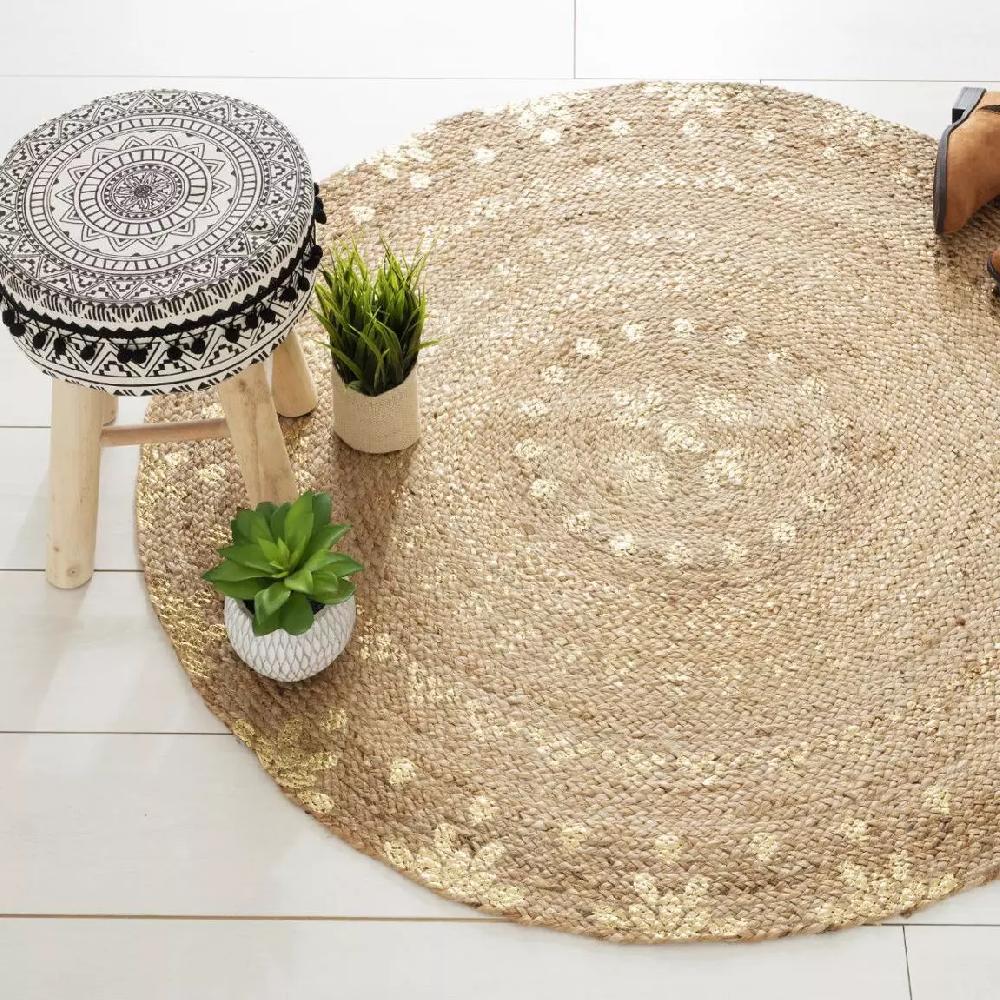 eminza Tapis de salon jute rond (115 cm) Gold shine Or