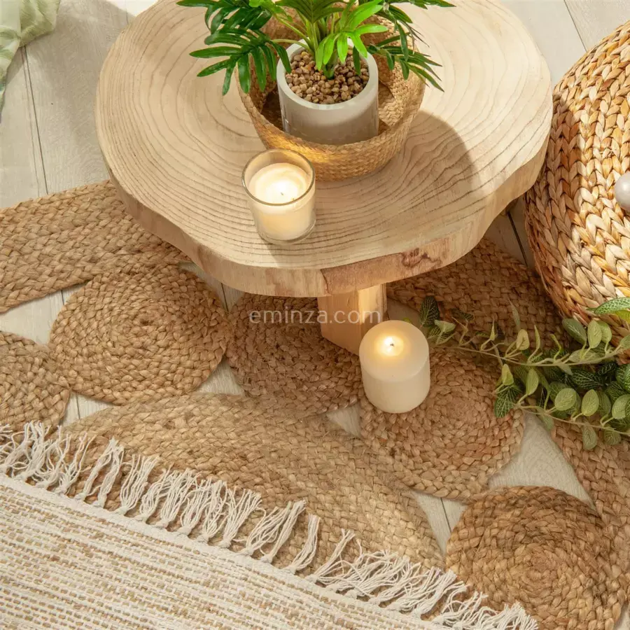 Eminza Tapis De Salon Jute Rond (120 Cm) Vent Beige Naturel