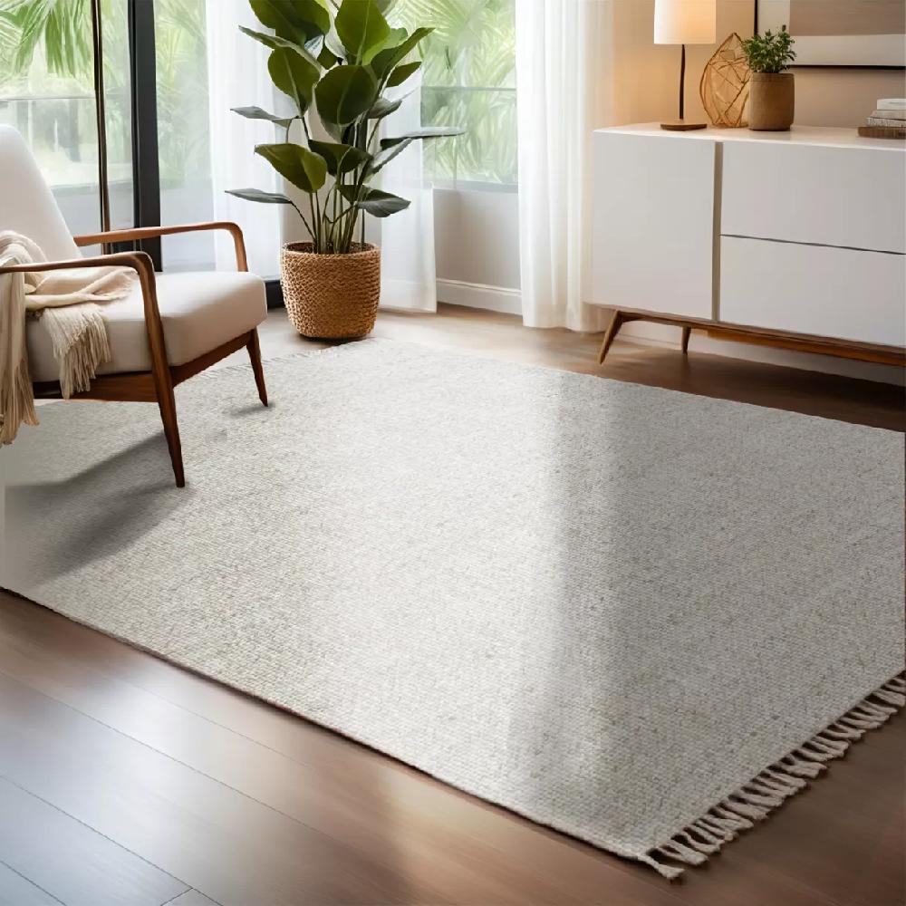 eminza Tapis de salon rectangulaire laine tissée (140 x 200 cm) Jacks Beige