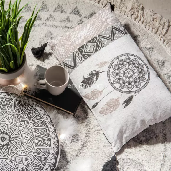 Eminza Tapis De Salon Rond Coton (120 Cm) Etnik Noir Et Blanc