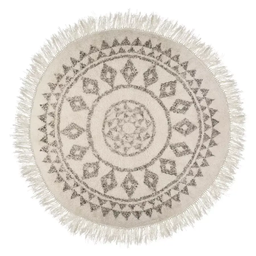Eminza Tapis De Salon Rond Coton (120 Cm) Etnik Noir Et Blanc