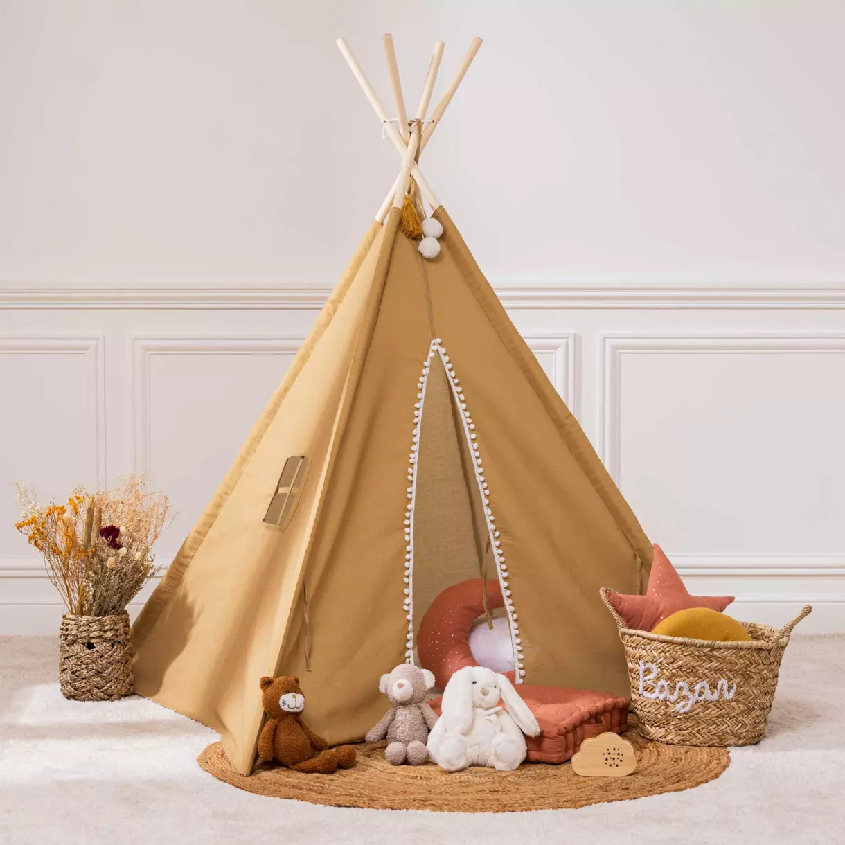 eminza Tipi enfant bois et tissu (H160 cm) Wapi Jaune ocre