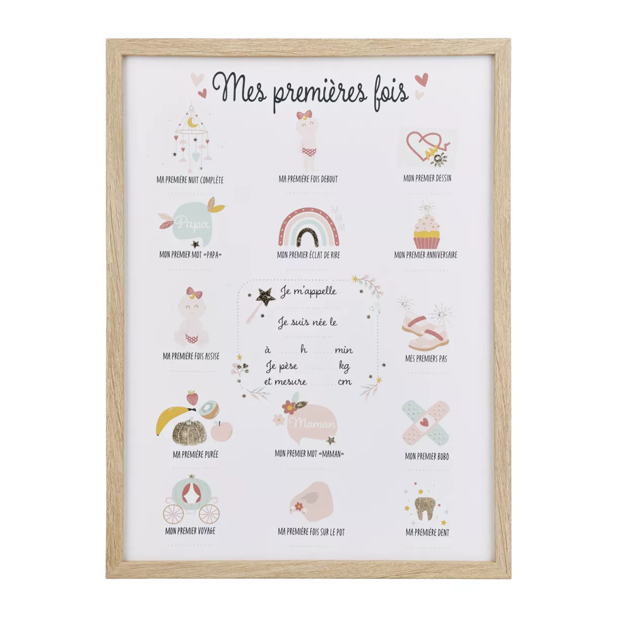 eminza Toile murale enfant et stylo (30 x 40 cm) Mes premières fois Lila Beige