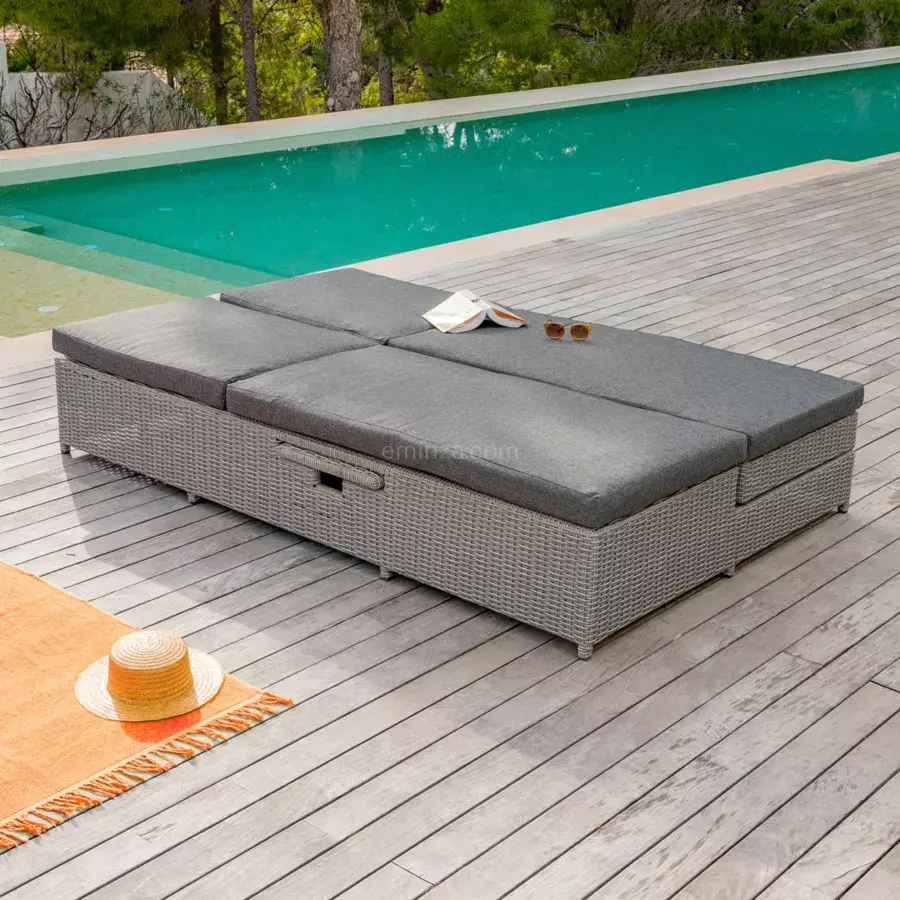 Eminza Transat Double En Résine Tressée - Canapé De Jardin Calvi Gris Et Gris Foncé