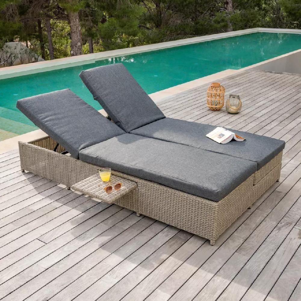 eminza Transat double en résine tressée - Canapé de jardin Calvi Gris et gris foncé