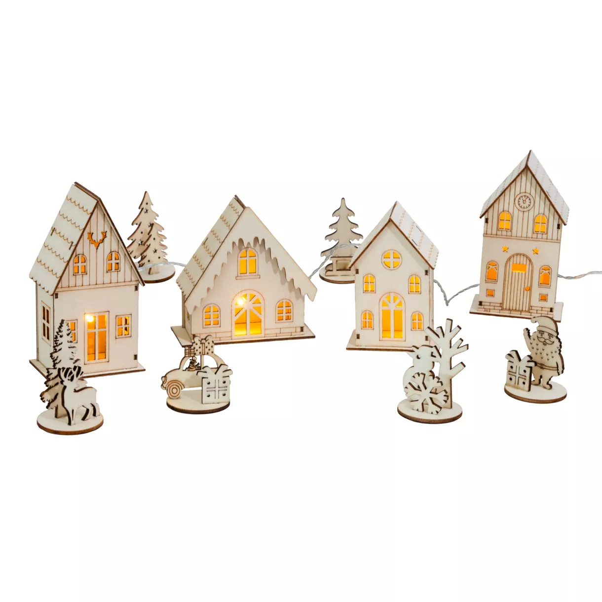 eminza Village de Noël en bois lumineux à piles (H10 cm) Village complet Slovène