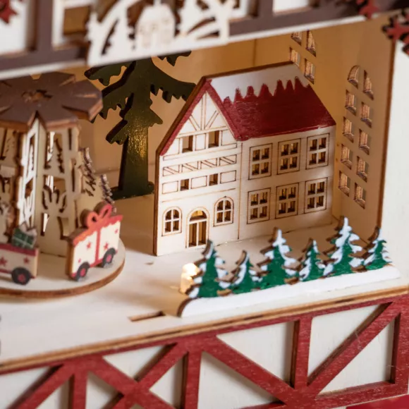 Eminza Village De Noël En Bois Lumineux Et Musical à Piles (20 X H27 Cm) Charriot Et Village