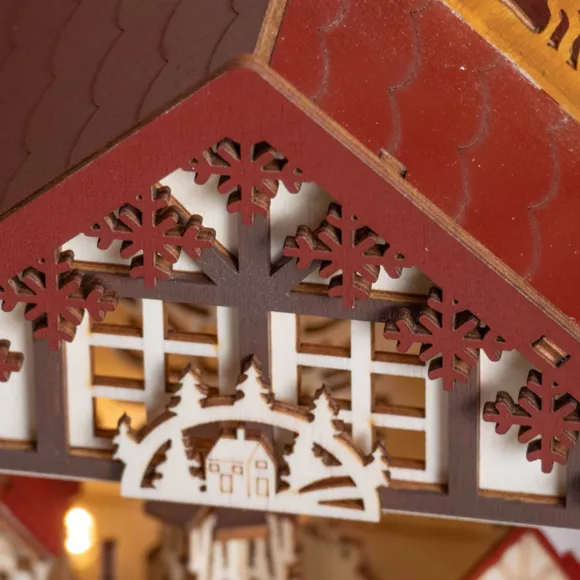 Eminza Village De Noël En Bois Lumineux Et Musical à Piles (20 X H27 Cm) Charriot Et Village