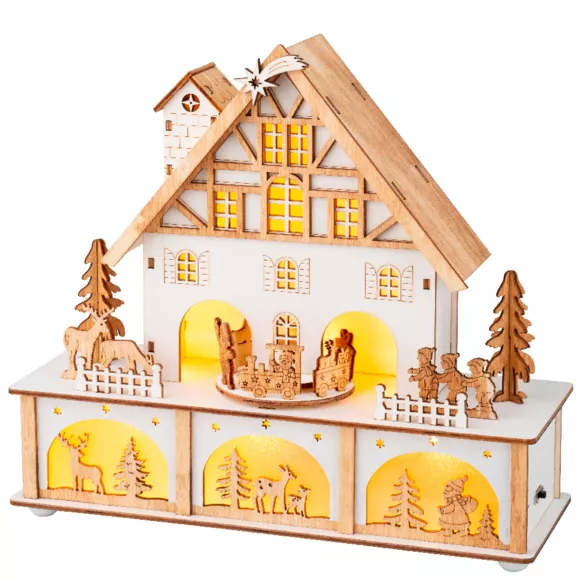 Eminza Village De Noël En Bois Lumineux Et Musical à Piles (27 X H24 Cm) Chalet Suisse Blanc