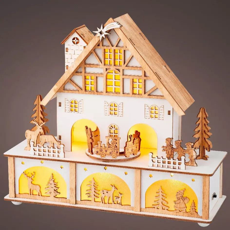 eminza Village de Noël en bois lumineux et musical à piles (27 x H24 cm) Chalet Suisse Blanc