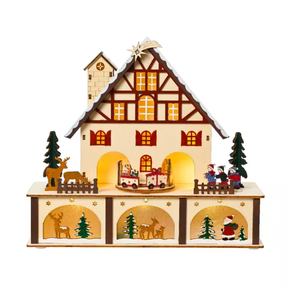 Eminza Village De Noël En Bois Lumineux Et Musical à Piles (27 X H24 Cm) Chalet Suisse Coloré