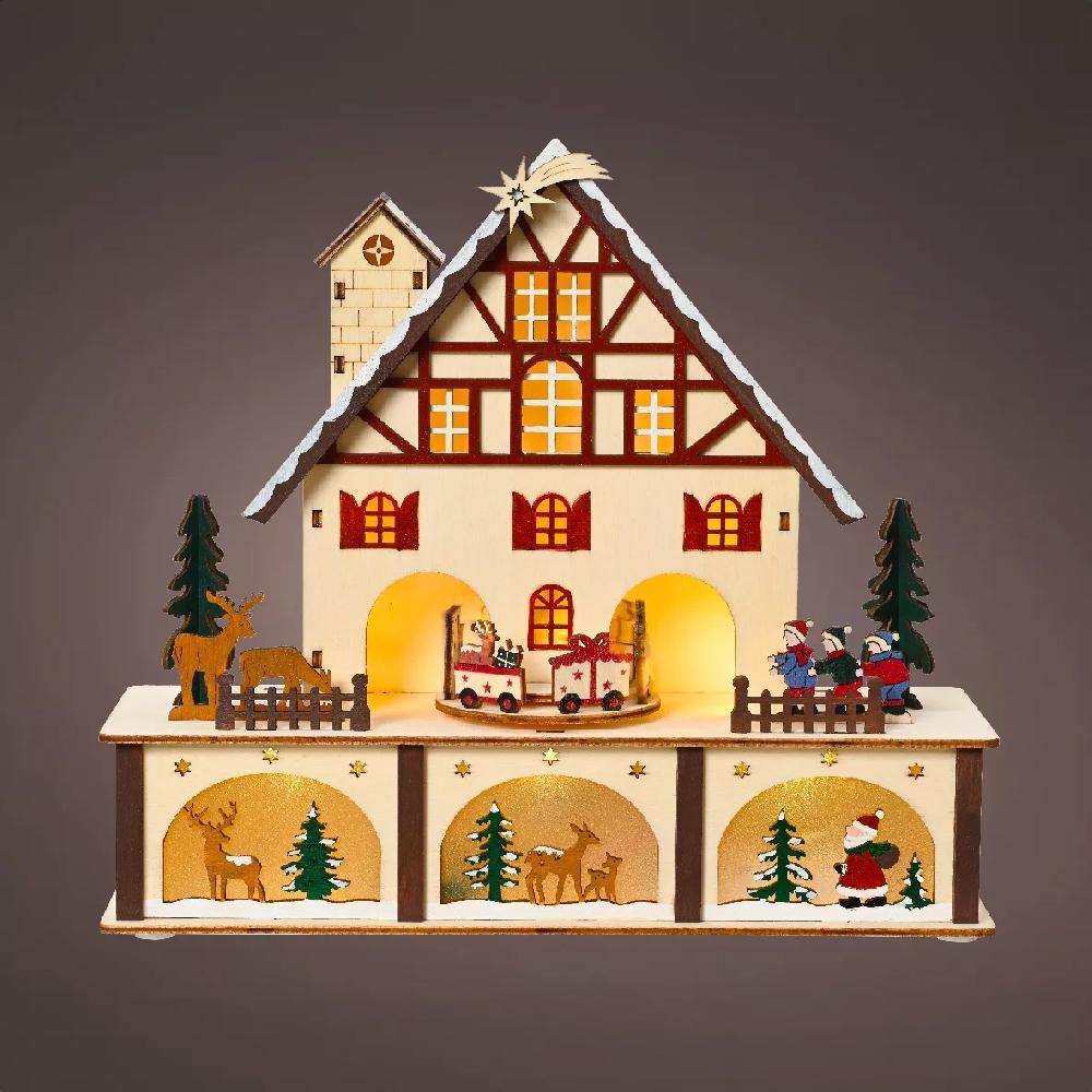 eminza Village de Noël en bois lumineux et musical à piles (27 x H24 cm) Chalet Suisse Coloré