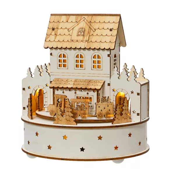 Eminza Village De Noël En Bois Lumineux Et Musical à Piles (H19 Cm) Maison De Famille