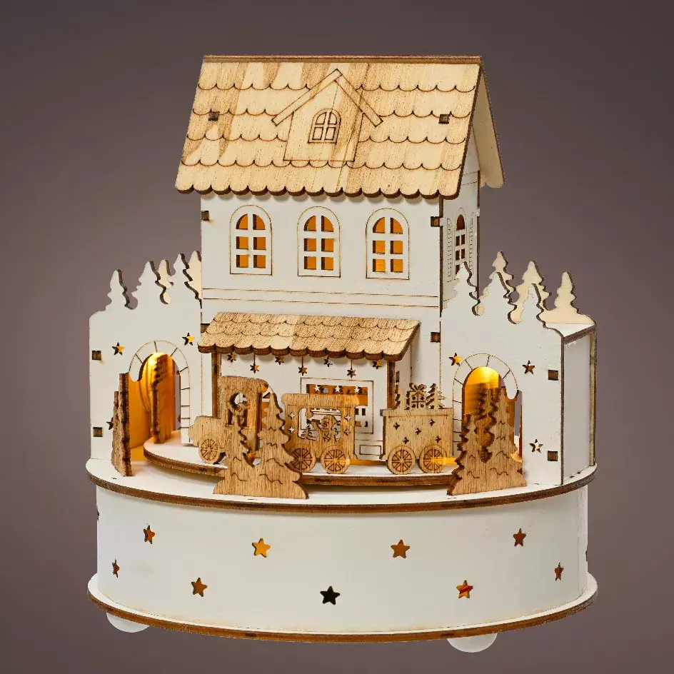 eminza Village de Noël en bois lumineux et musical à piles (H19 cm) Maison de famille