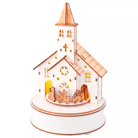 Eminza Village De Noël En Bois Lumineux Et Musical à Piles (H24 Cm) Église Et Train